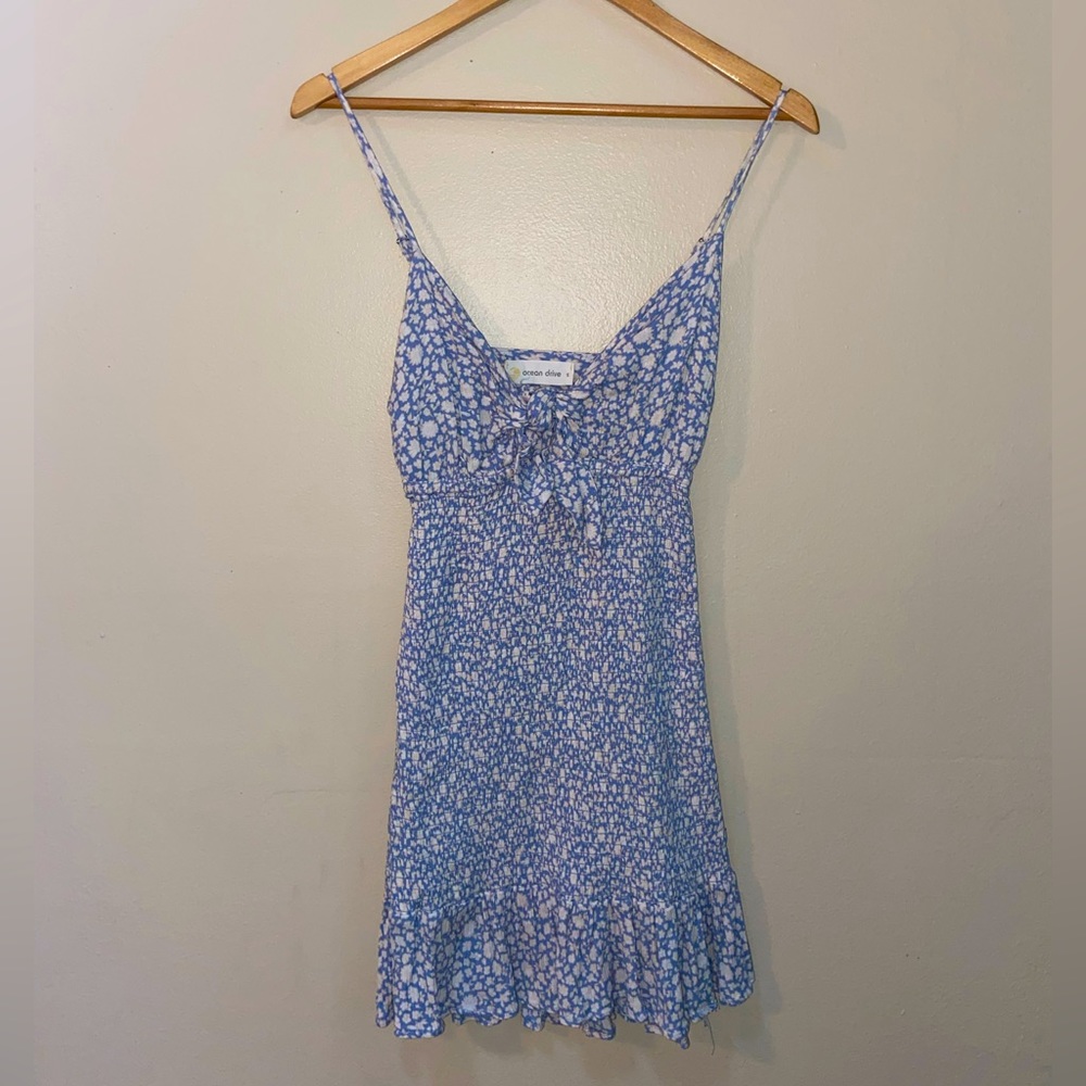 Blue and white floral dress with thin straps